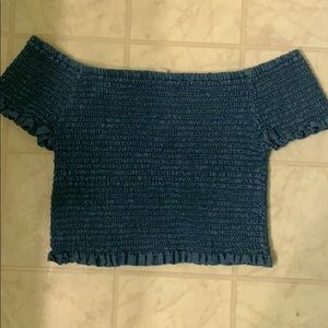 blue cropped off the shoulder scrunched top